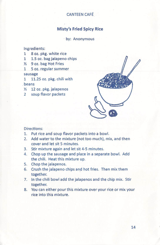 CANTEEN CAFE  Misty’s Fried Spicy Rice by: Anonymous.  Ingredients:  1 8oz pke. white rice  1 15 oz bagjalapeno chips % 90z bag Hot Fries  150z regular summer sausage  1 1125 oz. pkg. chili with beans  % 12 0z. pke. jalapenos  2 soup flavor packets  ﬁ (] Directions:  1. Put rice and soup flavor packets into a bow.  2. Add water to the mixture (not too much), mix, and then cover and let sit 5 minutes.  3. Stir mixture again and let sit 4-5 minutes.  4. Chop up the sausage and place in a separate bowl. Add  the chill Heat ure up.  5. Chop the jalapenos.  6. Crush the jalapeno chips and hot fries. Then mix them together.  7. In the chili bowl add the jalapenos and the chip mix. Stir together.  8. You can either pour this mixture over your rice or mix your rice into this mixture.  14 
